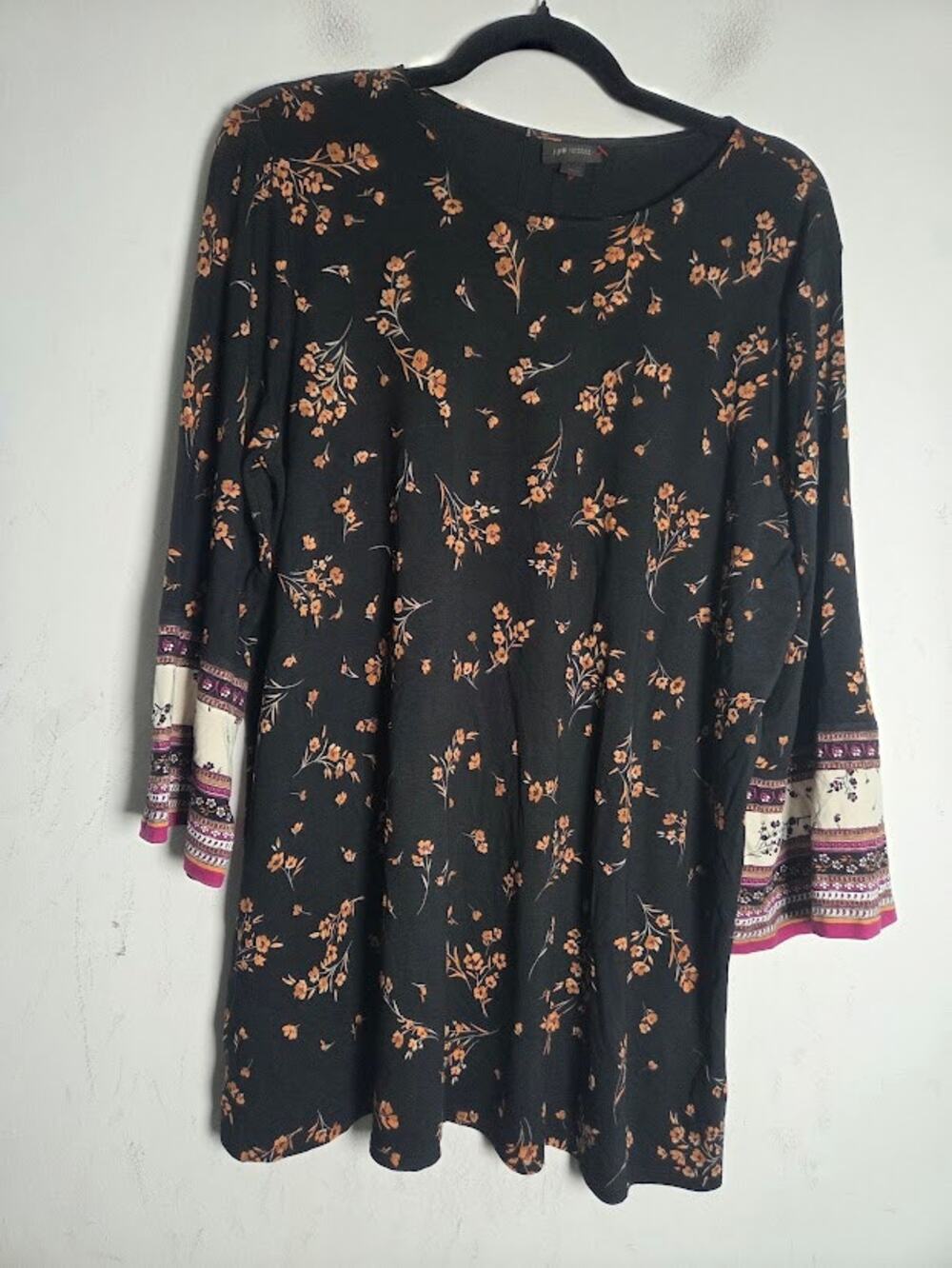 J.Jill Wearever Collection Autumn Black Brown Floral Jersey Knit Blouse sz Large